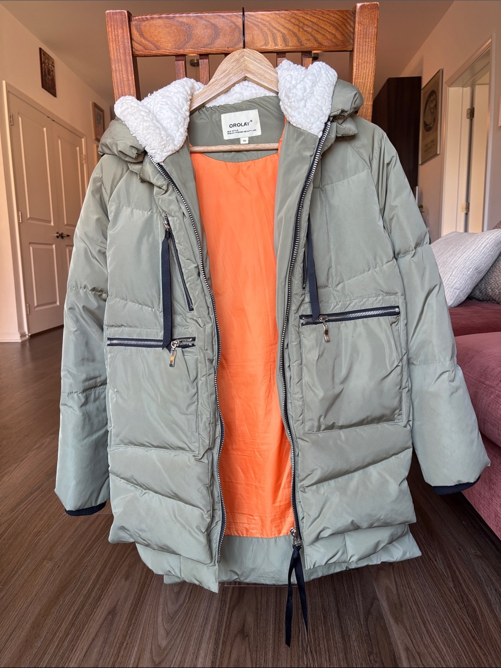 OLAY Women’s XS Olive Green Puffer Jacket with Orange Lining